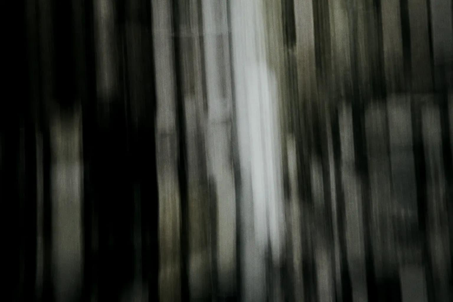 Long-exposure photograph of archive shelving pulled into vertical olive and bone striations.