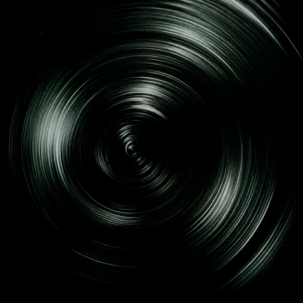 Long-exposure photograph of light on machined metal drawn into concentric silver arcs.